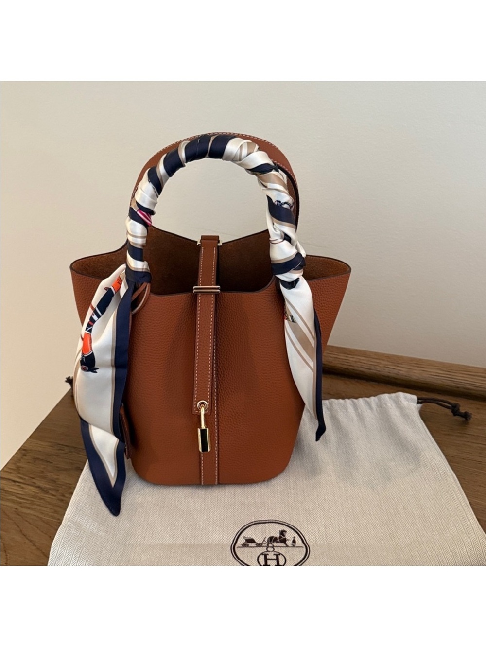 Hermès-style Brown Leather Bucket Bag with Scarf-Wrapped Handle